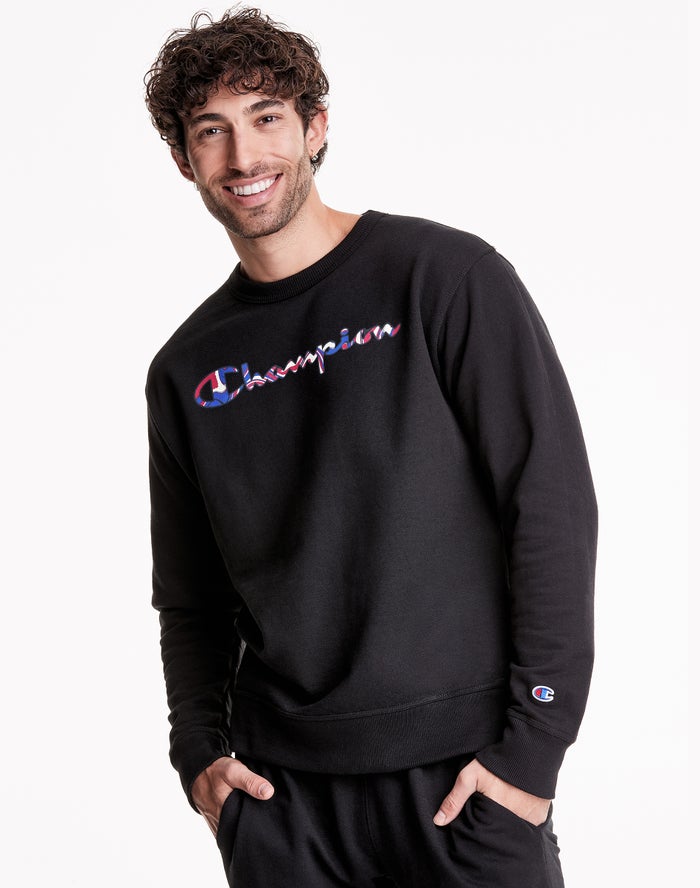 Champion Powerblend Fleece Crew Liquid Filled Script Logo - Miesten Mustat Collegepaita - Suomi 0912